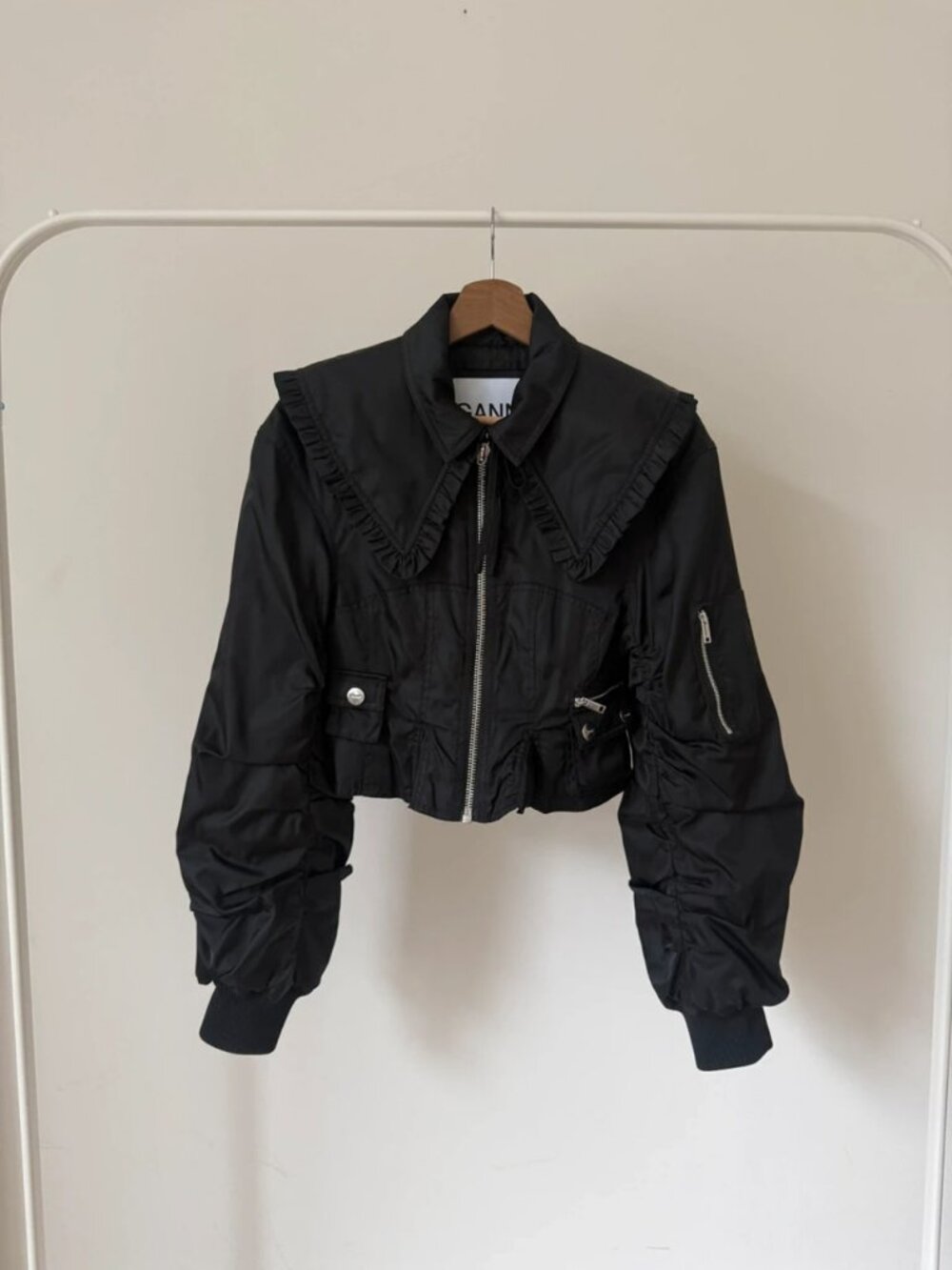 Ganni Black Cropped Nylon Bomber Jacket with Detachable Frilled Collar S